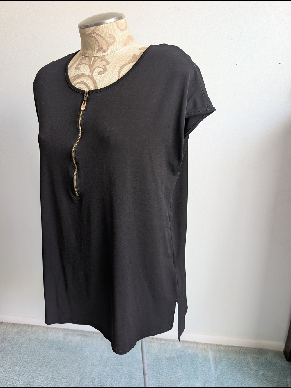 Black Zip-Front Short Sleeve Women's Top